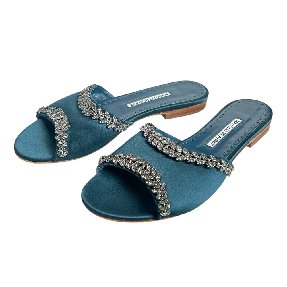 Manolo Blahnik Teal Satin Crystal Embellished Triunslo Flat Slides